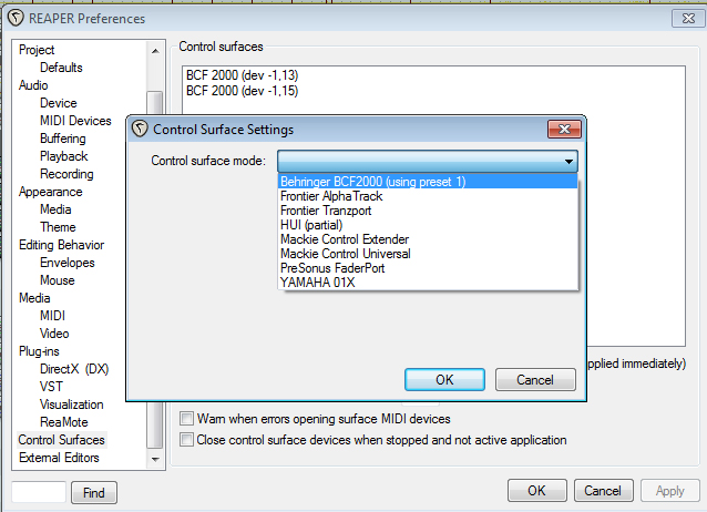 Now go to Control surfaces, right click in the panel and select ADD: Select "Behringer BCF2000 (using preset 1) then click ok.